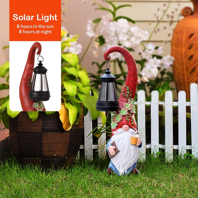 Roundot Store Coffee Gnome Garden Decor Statue Solar-Powered Gnome Ornament Lantern-Lit Courtyard Decoration Birthday Gift for Mom on The Patio - Image 5